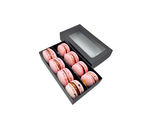 2 rows Black macarons box with window...